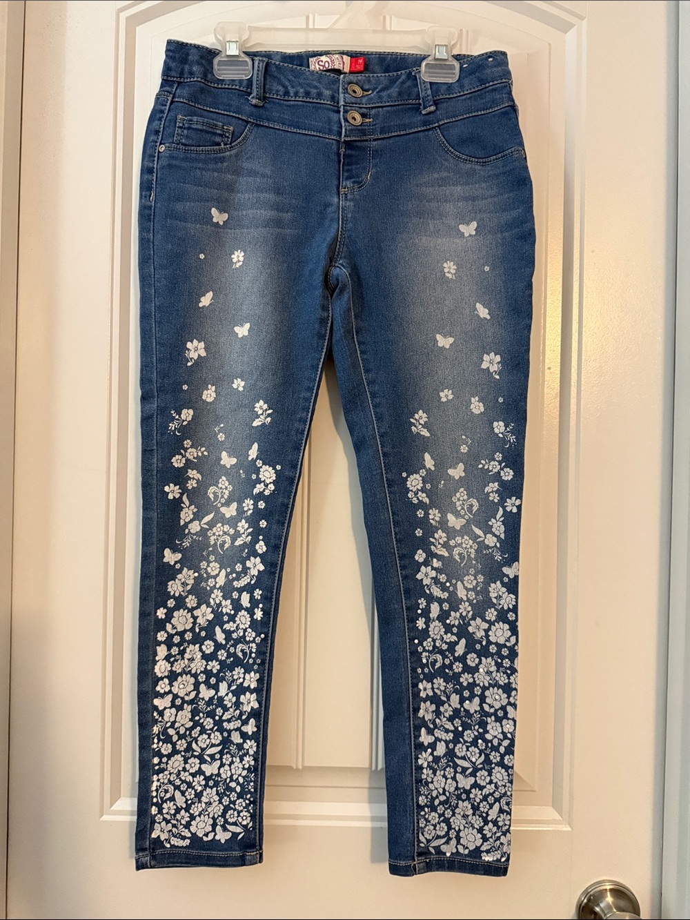 SO Girls Blue Denim Jeans with White Floral Print
